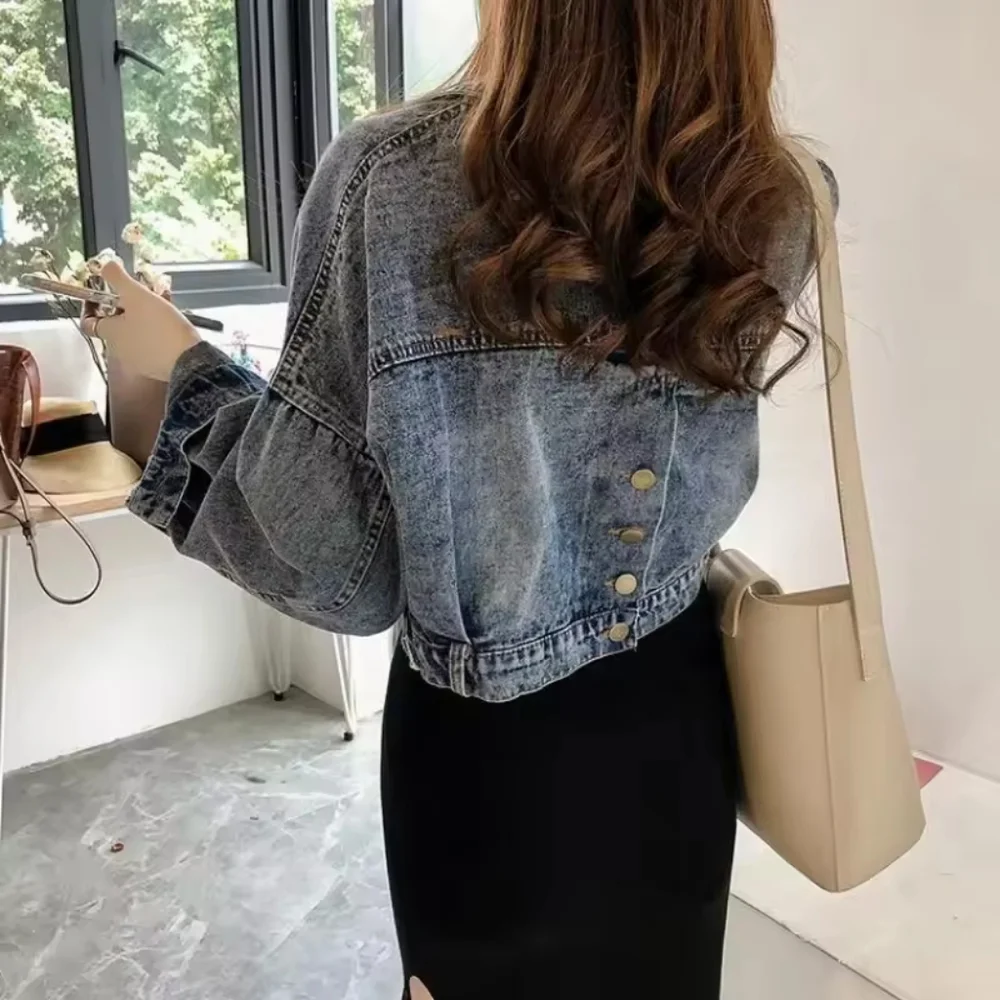 Vintage Reversible Cropped Denim Jacket with Back Button Detail Size L - Picture 4 of 7